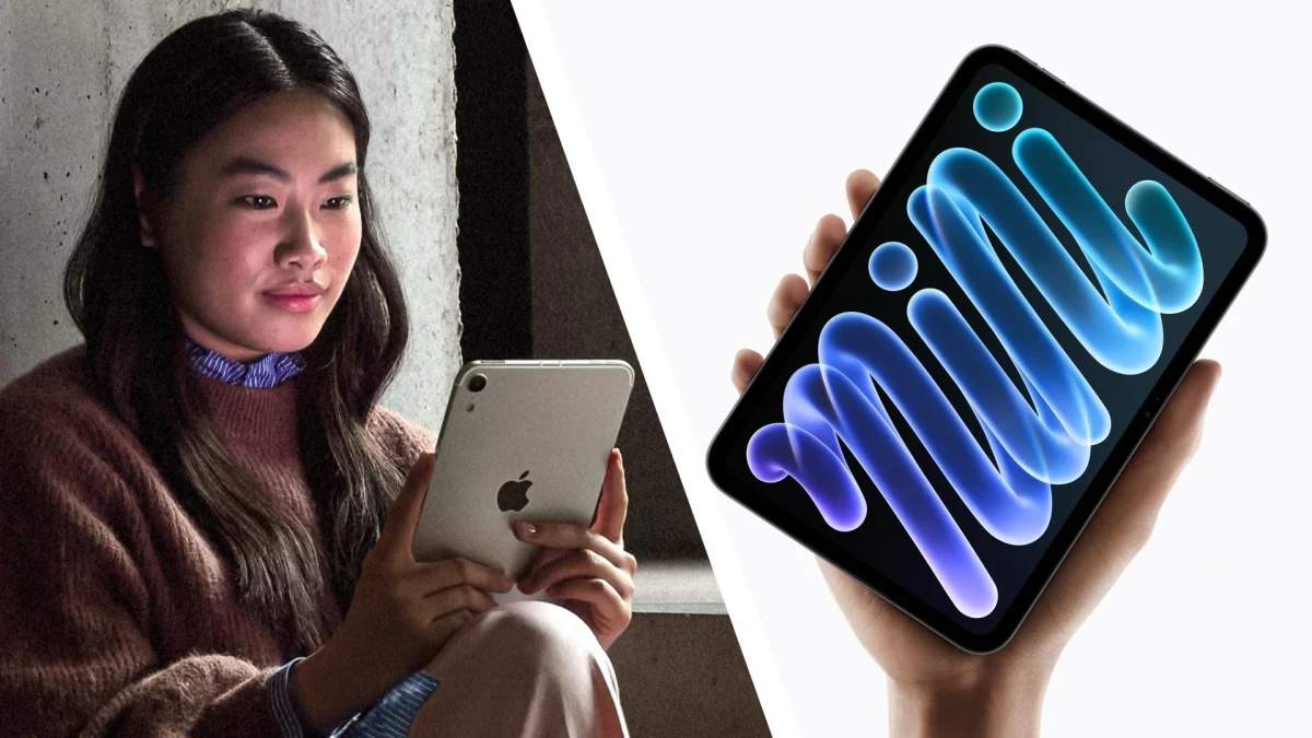 Bir kadın elinde iPad mini tutuyor; yanındaki ürün görselinde tabletin renkli ekranı görülüyor