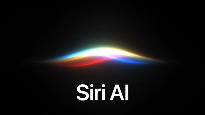 Siyah zemin üzerinde Siri AI yazısı ve renkli ışık çizgisi