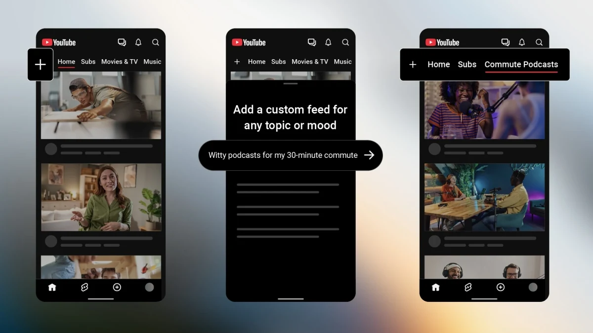 YouTube mobil uygulamasında özel akış oluşturma ve yenilenen üst menüyü gösteren üç ekran