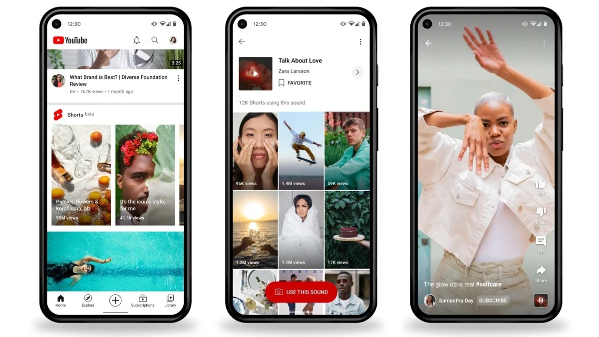 Üç telefonda YouTube Shorts video akışları ve kısa video arayüzü