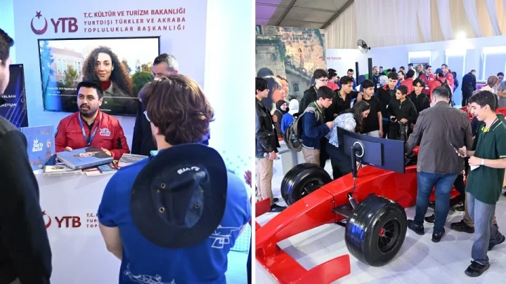 YTB standında öğrencilerle sohbet eden bir katılımcı ve teknoloji etkinliğindeki sergi alanı